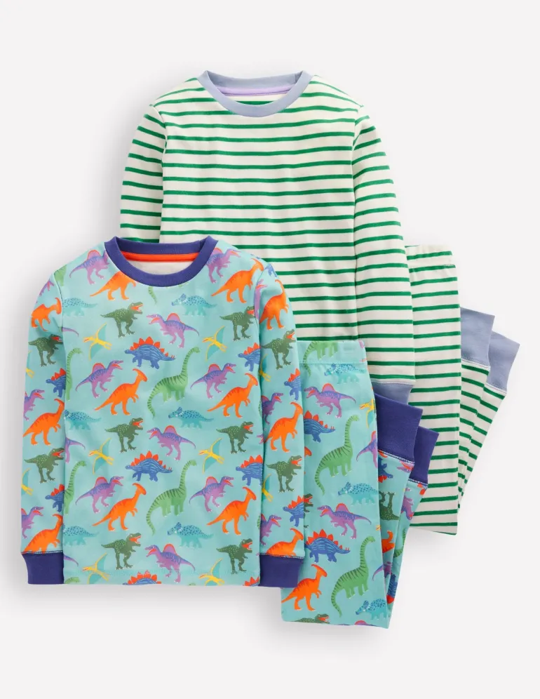 Snug Twin Pack Pajamas-Blue Dinos and Green Stripe-Boden Hot