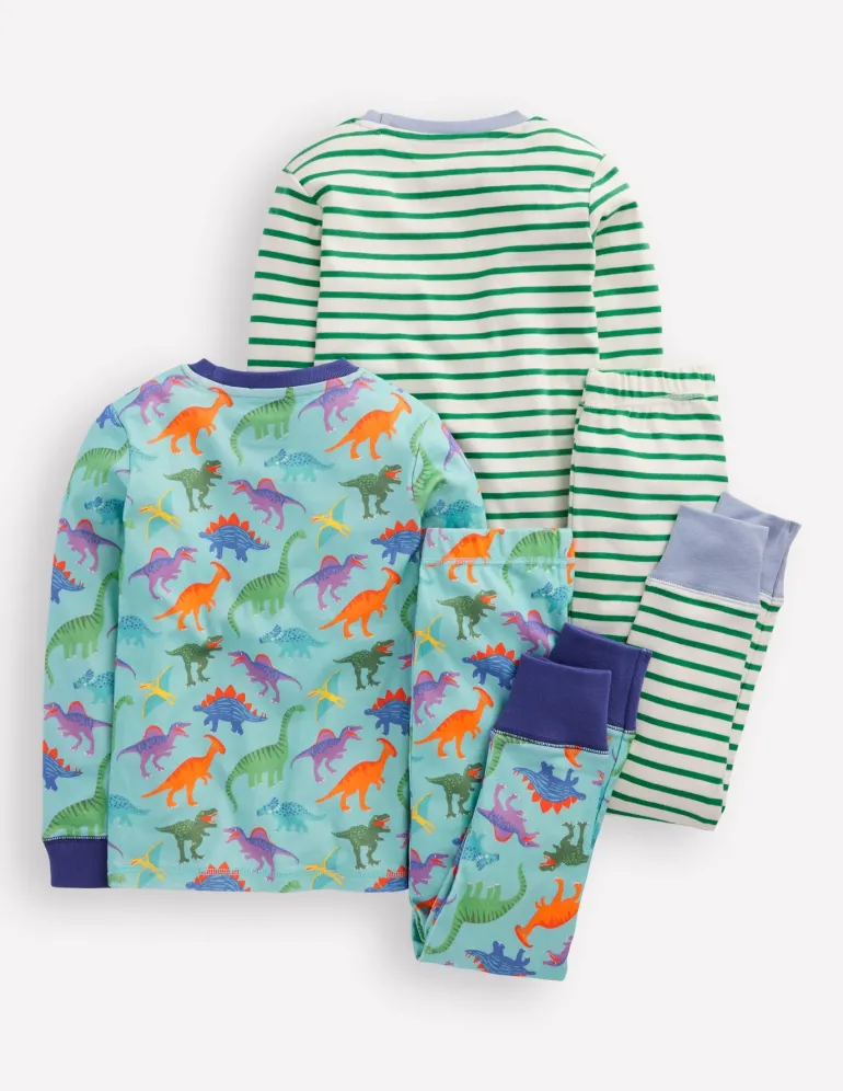 Snug Twin Pack Pajamas-Blue Dinos and Green Stripe-Boden Hot