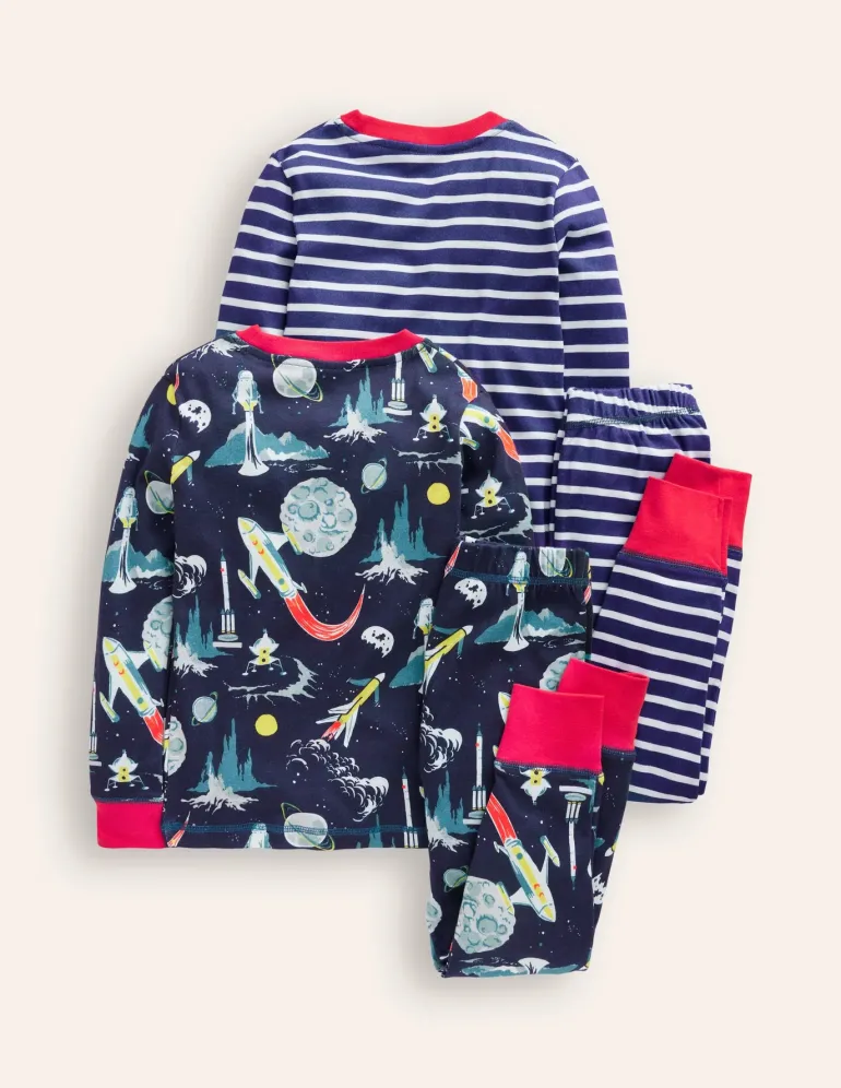 Snug Twin Pack Pajamas-Grey Space and Navy Stripe-Boden Sale