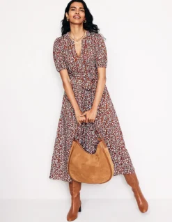Sofia Trim jersey midi dress-Autumn Brown, Foliage Bud-Boden Shop
