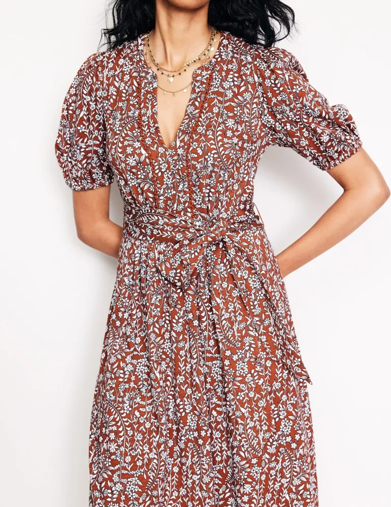 Sofia Trim jersey midi dress-Autumn Brown, Foliage Bud-Boden Shop
