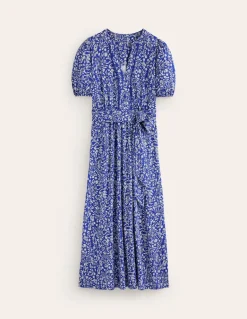Sofia Trim jersey midi dress-Sapphire Blue, Foliage Bud-Boden Clearance