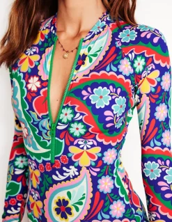 Sporty Raglan Sleeve Swimsuit-Multi, Meadow Paisley-Boden Clearance