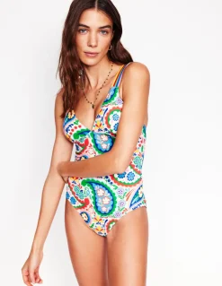 Stripe Trim Swimsuit-Multi, Meadow Paisley-Boden Store