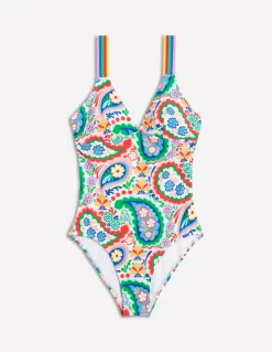 Stripe Trim Swimsuit-Multi, Meadow Paisley-Boden Store