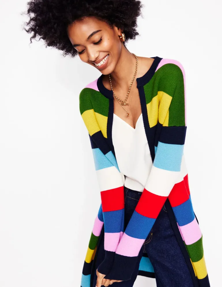 Striped Cotton-Blend Coatigan-Poppy Red, Blue Multi-Boden Best