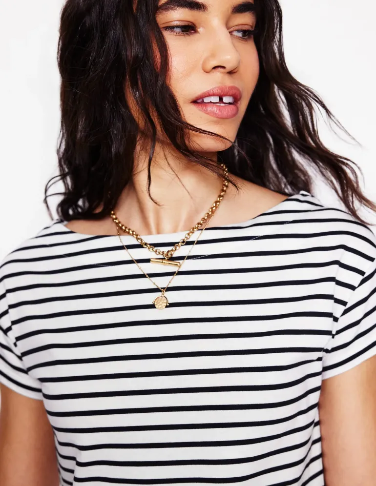 Supersoft Boat Neck T-Shirt-Ivory, Navy Stripe-Boden Hot