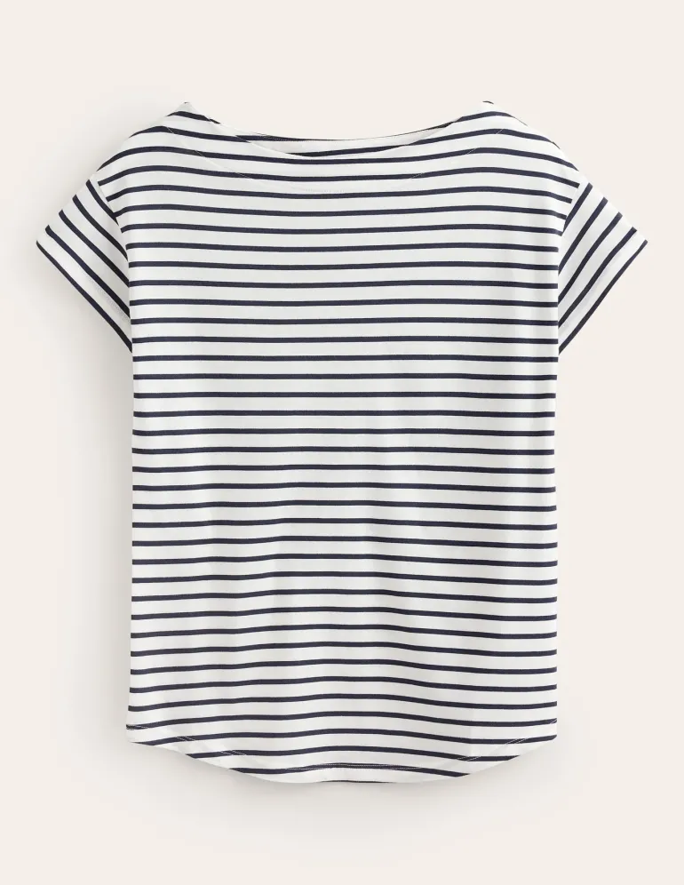 Supersoft Boat Neck T-Shirt-Ivory, Navy Stripe-Boden Hot
