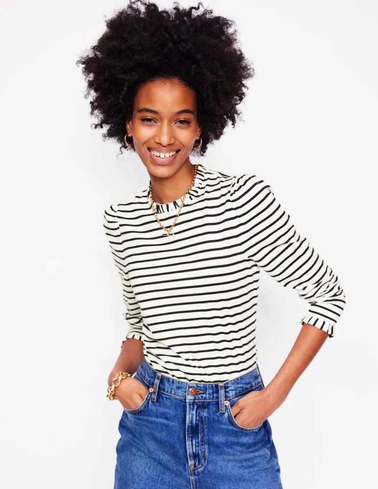 Supersoft Frill Detail Top-Ivory / Navy Stripe-Boden Online