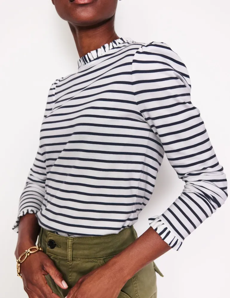 Supersoft Frill Detail Top-Ivory / Navy Stripe-Boden Online