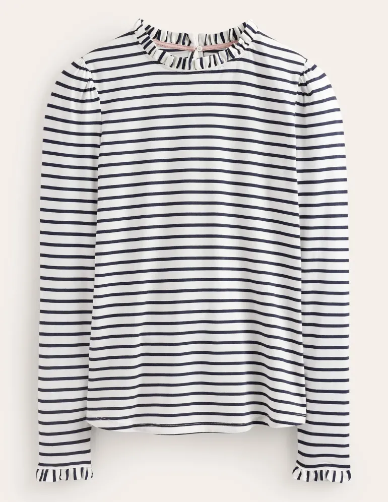 Supersoft Frill Detail Top-Ivory / Navy Stripe-Boden Online