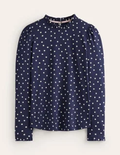 Supersoft Frill Detail Top-French Navy, Sparse Spot-Boden Fashion