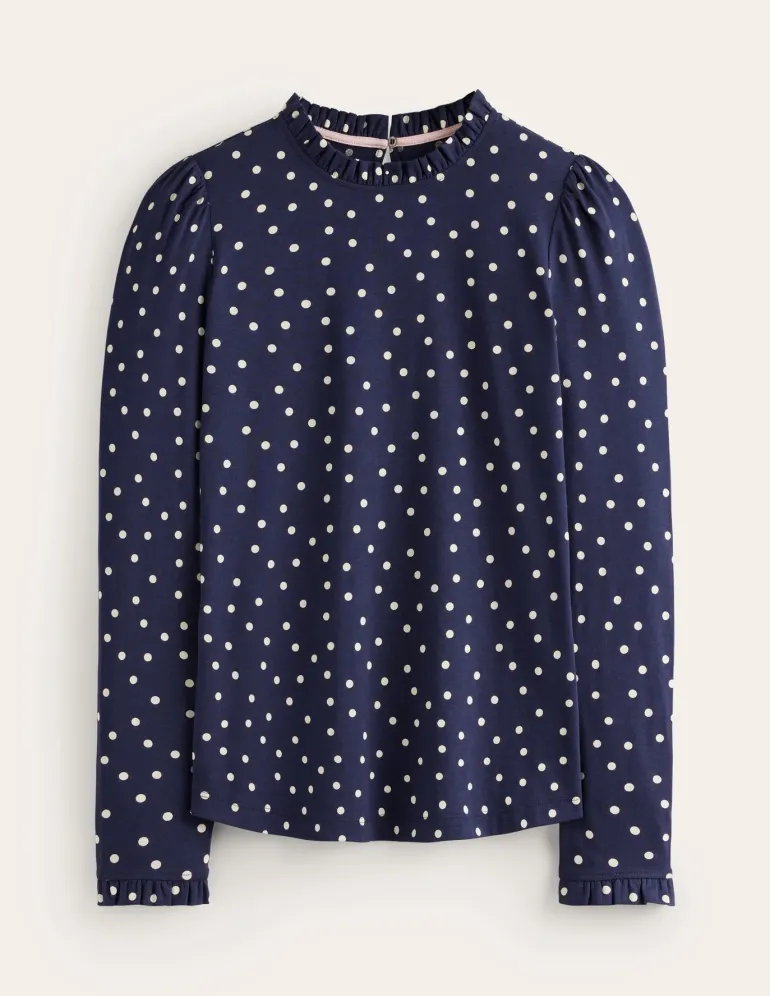 Supersoft Frill Detail Top-French Navy, Sparse Spot-Boden Fashion