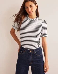 Supersoft Frill Detail T-shirt-Ivory, Navy Stripe-Boden Discount