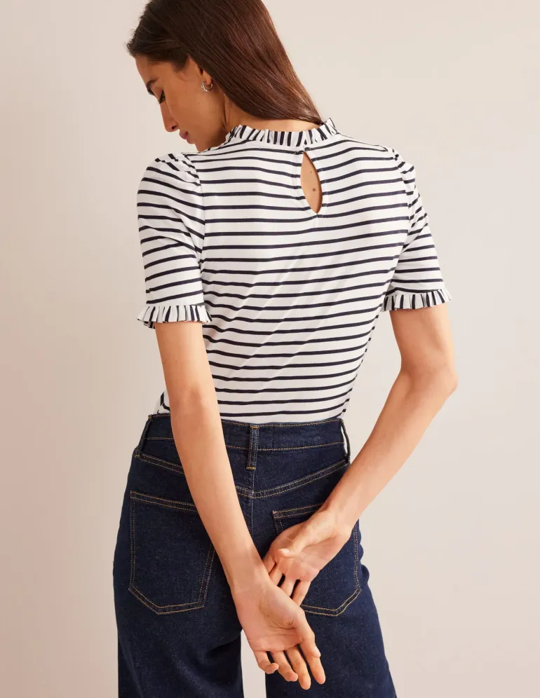 Supersoft Frill Detail T-shirt-Ivory, Navy Stripe-Boden Discount