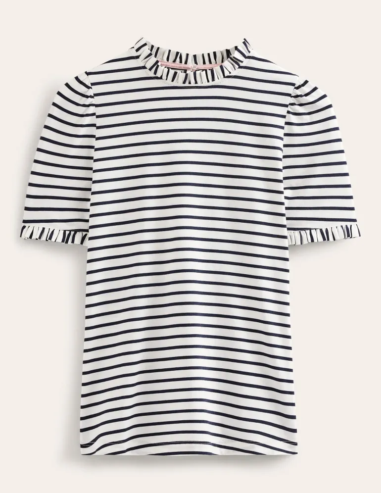 Supersoft Frill Detail T-shirt-Ivory, Navy Stripe-Boden Discount