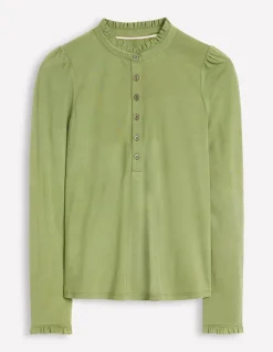 Supersoft Frill Henley Top-Larch Green-Boden New