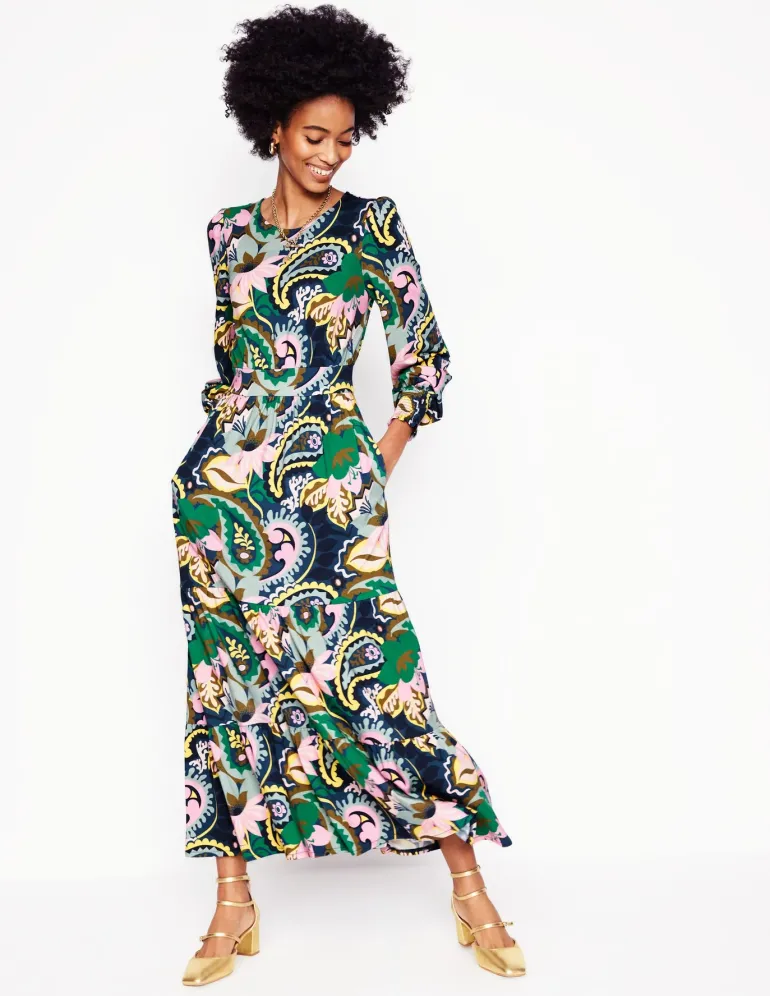 Tabitha Tiered Jersey Dress-Green, Botanical Paisley-Boden Best Sale