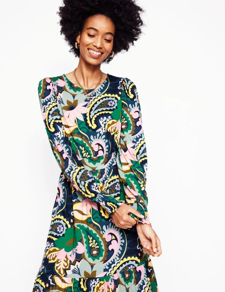 Tabitha Tiered Jersey Dress-Green, Botanical Paisley-Boden Best Sale