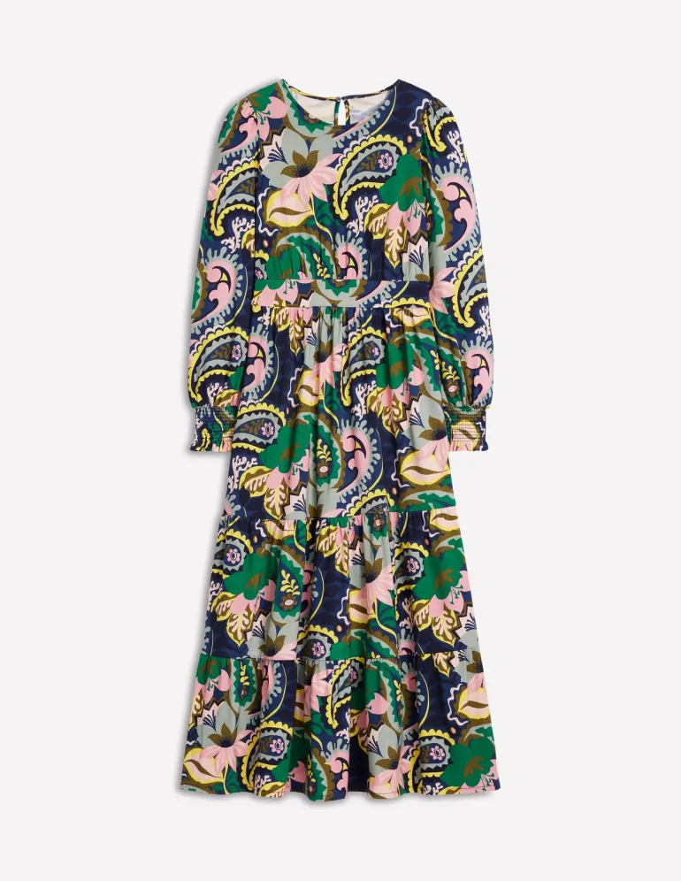 Tabitha Tiered Jersey Dress-Green, Botanical Paisley-Boden Best Sale