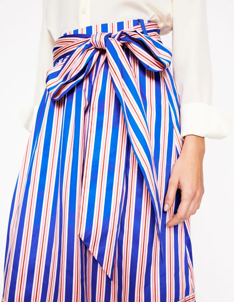 Tie Belt Sateen Midi Skirt-Blue and Terracotta Stripe-Boden Discount