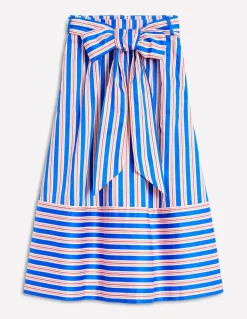 Tie Belt Sateen Midi Skirt-Blue and Terracotta Stripe-Boden Discount