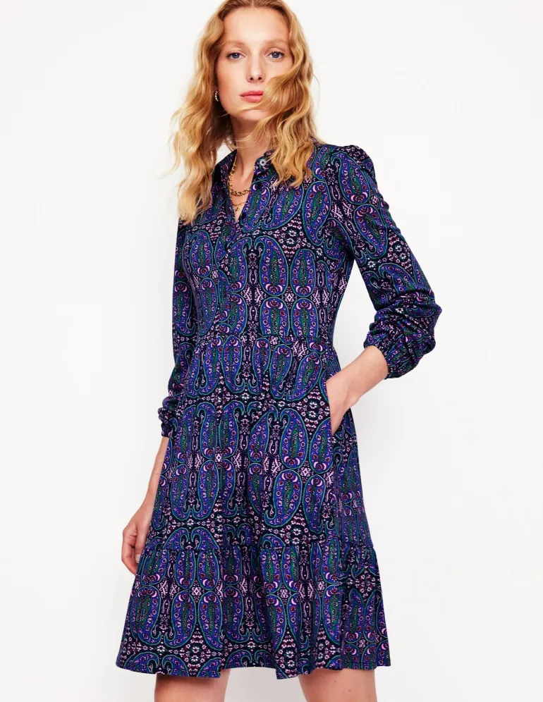 Tiered Jersey Shirt Dress-Navy, Paisley Bud Variation-Boden Online