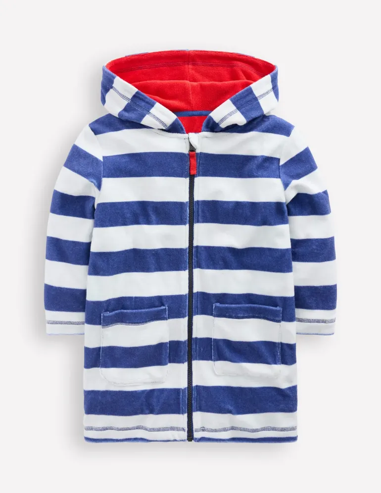 Towelling Zip-Up Throw-On-Sapphire Blue Stripe-Boden Clearance