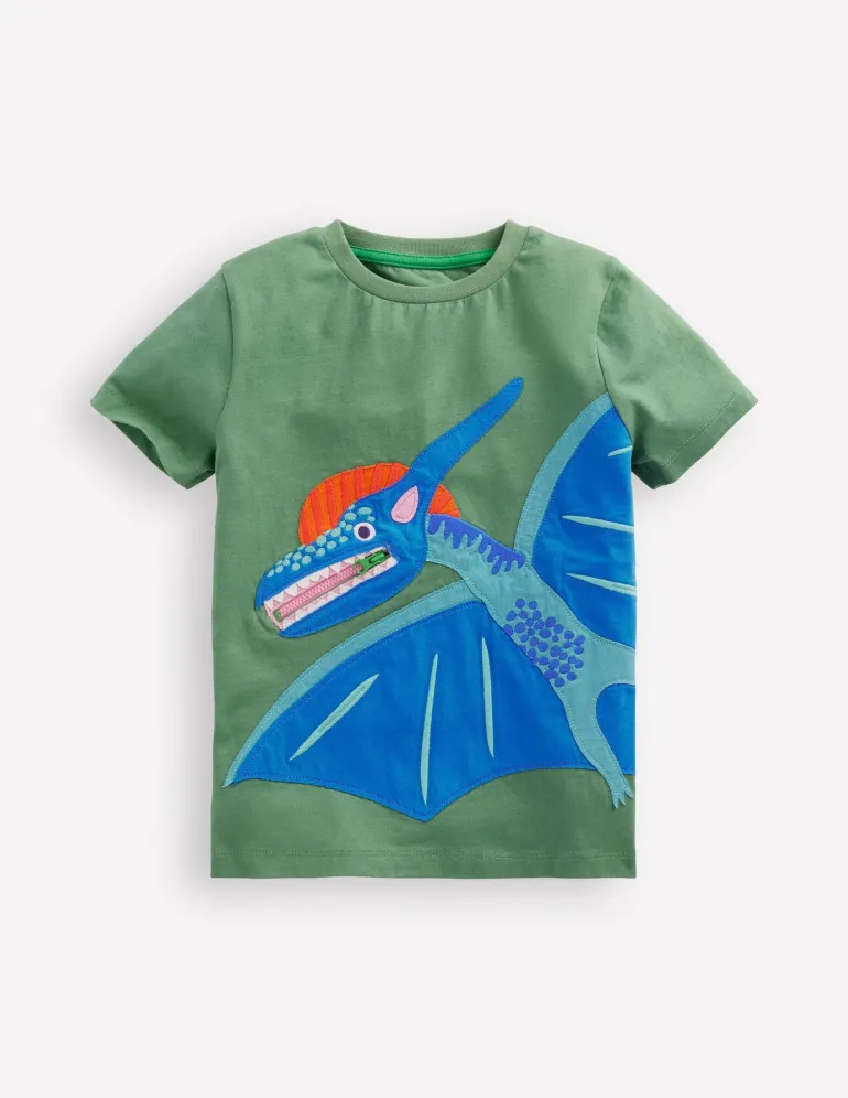 Zipper Applique T-Shirt-Newt Green Dinosaur-Boden Fashion