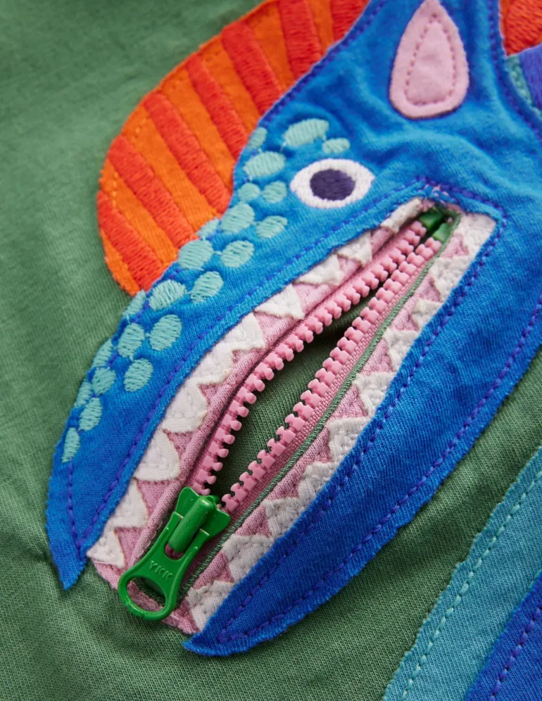 Zipper Applique T-Shirt-Newt Green Dinosaur-Boden Fashion